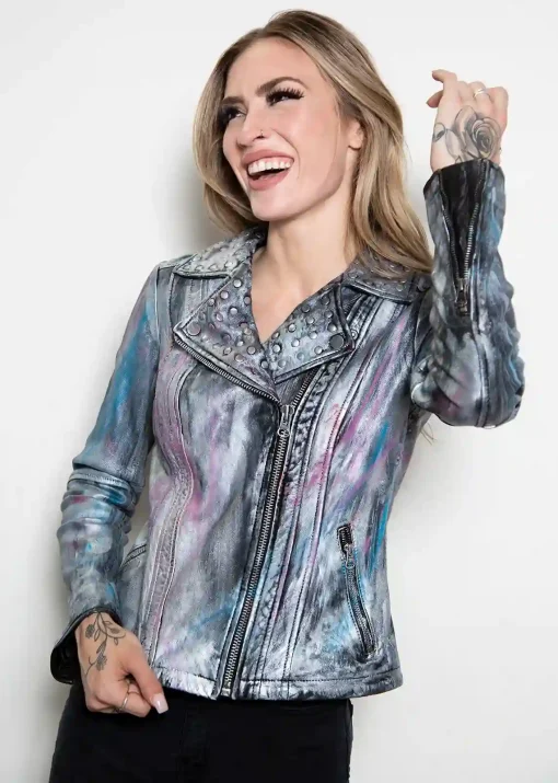 Womens Hand-painted Metallic Color Splash Leather Jacket