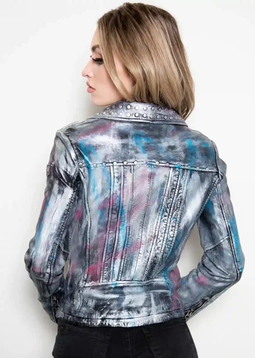 Womens Hand-painted Metallic Color Splash Leather Jacket