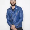 Mens Quilted biker Leather Motorcycle Jacket Blue