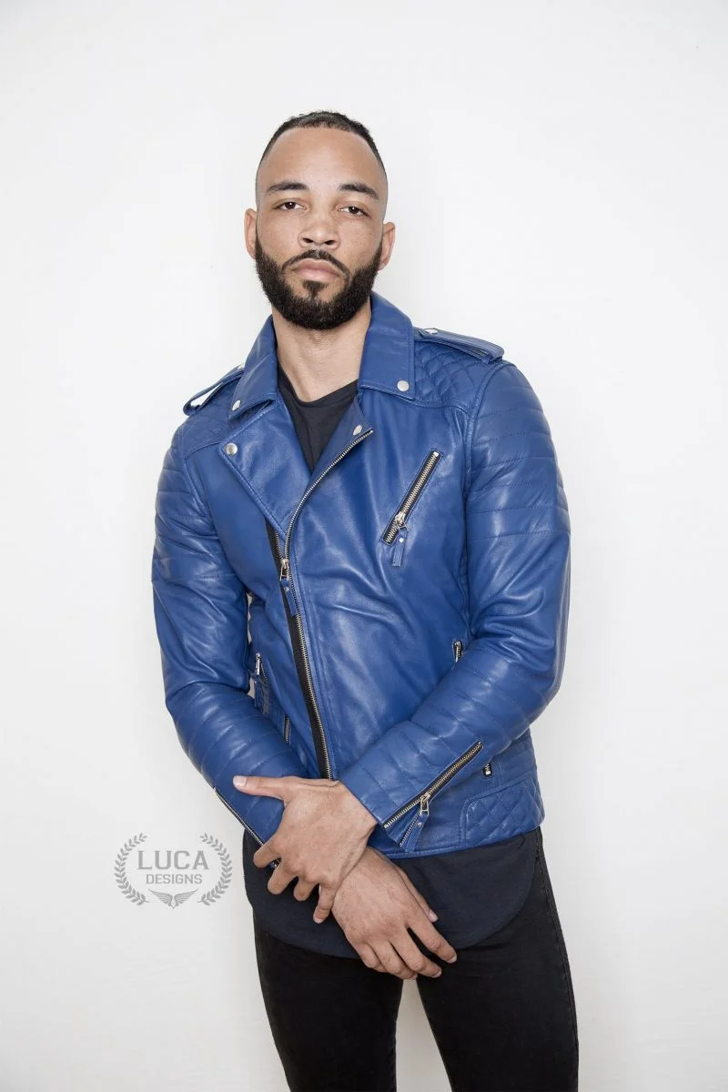 Buy Mens Quilted Leather Motorcycle Jacket Blue | LucaJackets