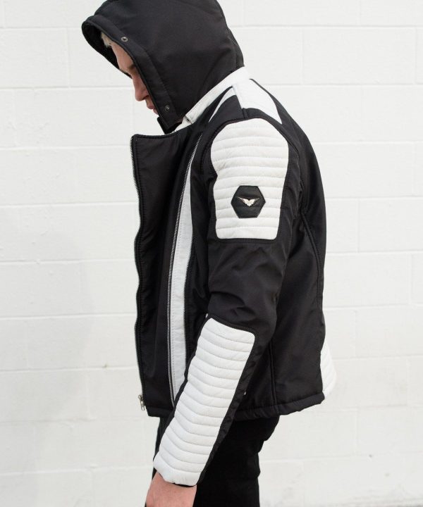Mens Ninja Leather Jacket Black White Contrast Quilted Moto