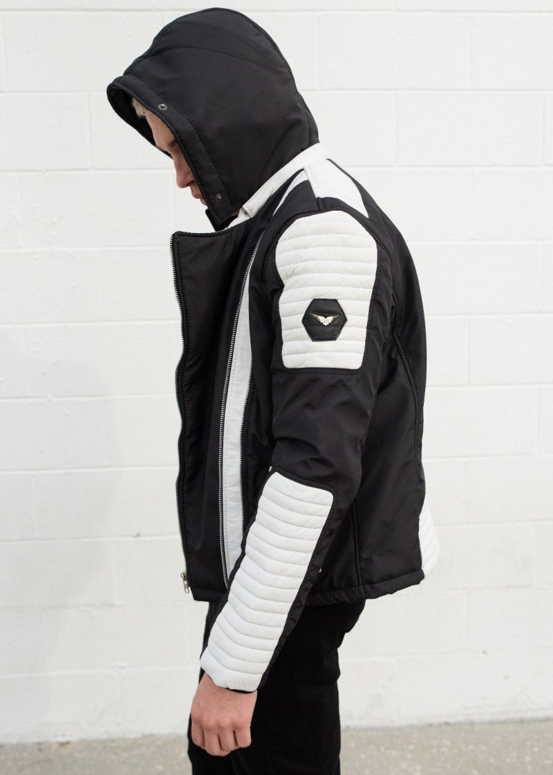 Mens Ninja Leather Jacket Black White Contrast Quilted Moto