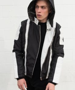 Mens Ninja Quilted Biker Leather Jacket Black White Contrast