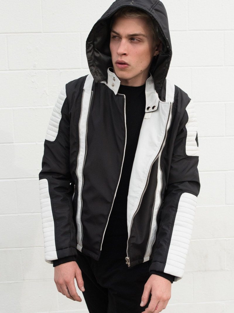 Mens Ninja Quilted Biker Leather Jacket Black White Contrast