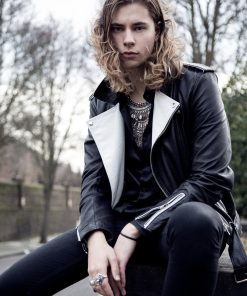 Mens Fashion Leather Jacket Black White Contrast