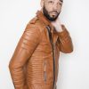 Mens Quilted Leather Motorcycle Jacket Brown