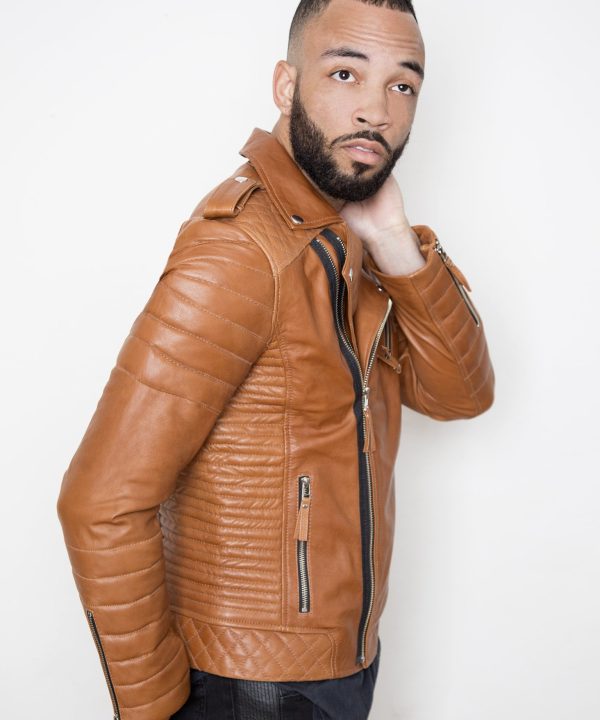 Mens Quilted Leather Motorcycle Jacket Brown