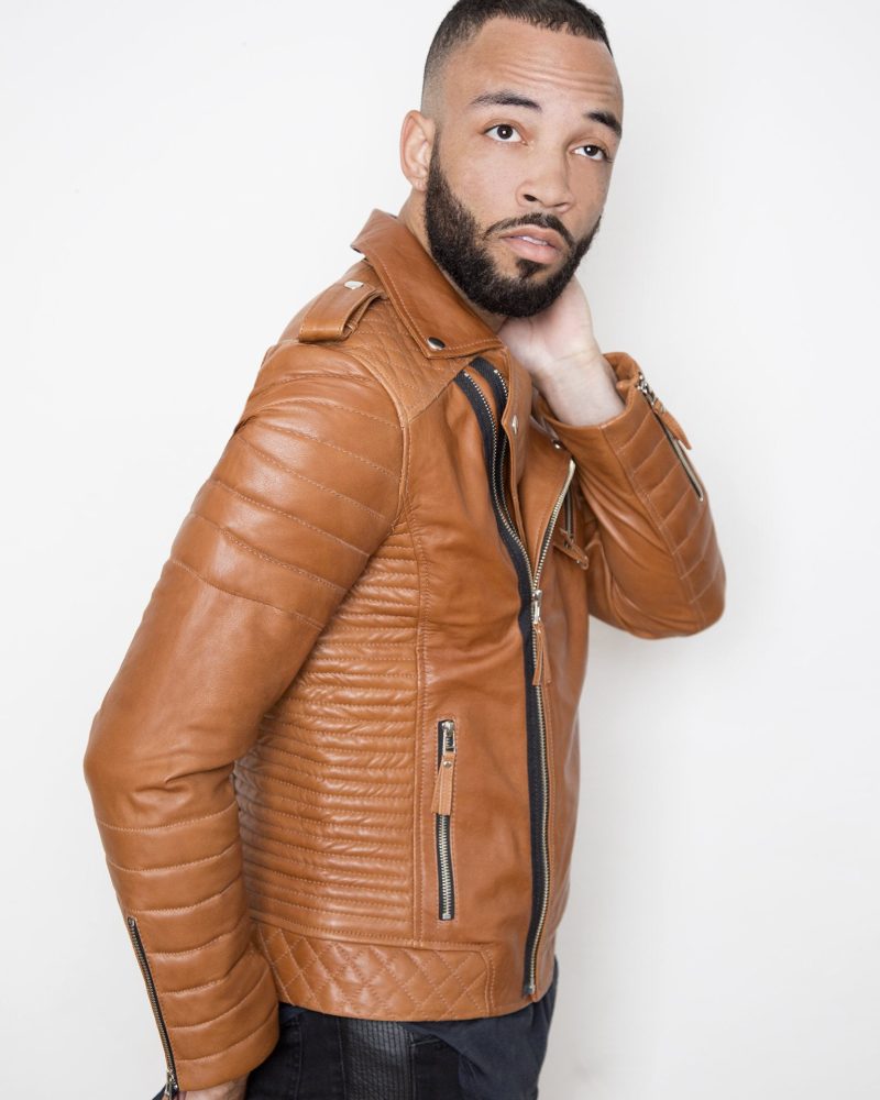 Mens Quilted Leather Motorcycle Jacket Brown