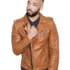 Mens Quilted Leather Motorcycle Jacket Brown