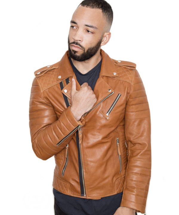 Mens Quilted Leather Motorcycle Jacket Brown