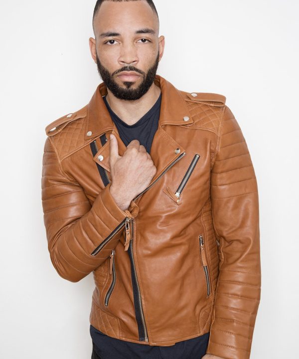 Mens Quilted Leather Motorcycle Jacket Caramel Brown
