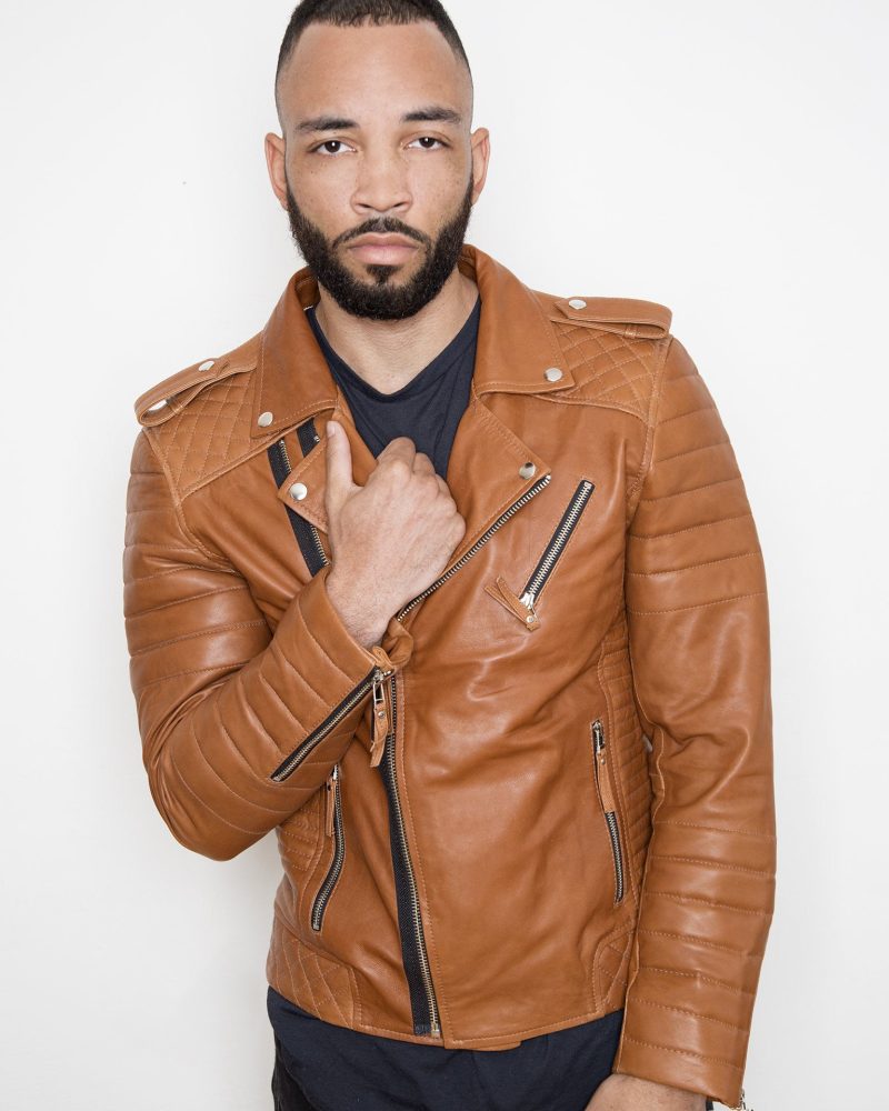 Mens Quilted Leather Motorcycle Jacket Caramel Brown