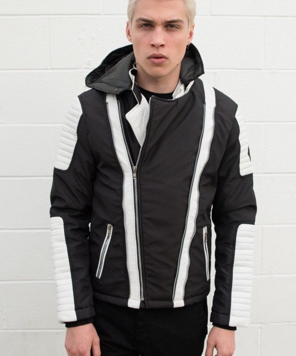 Mens Ninja Quilted Biker Leather Jacket Black White Contrast