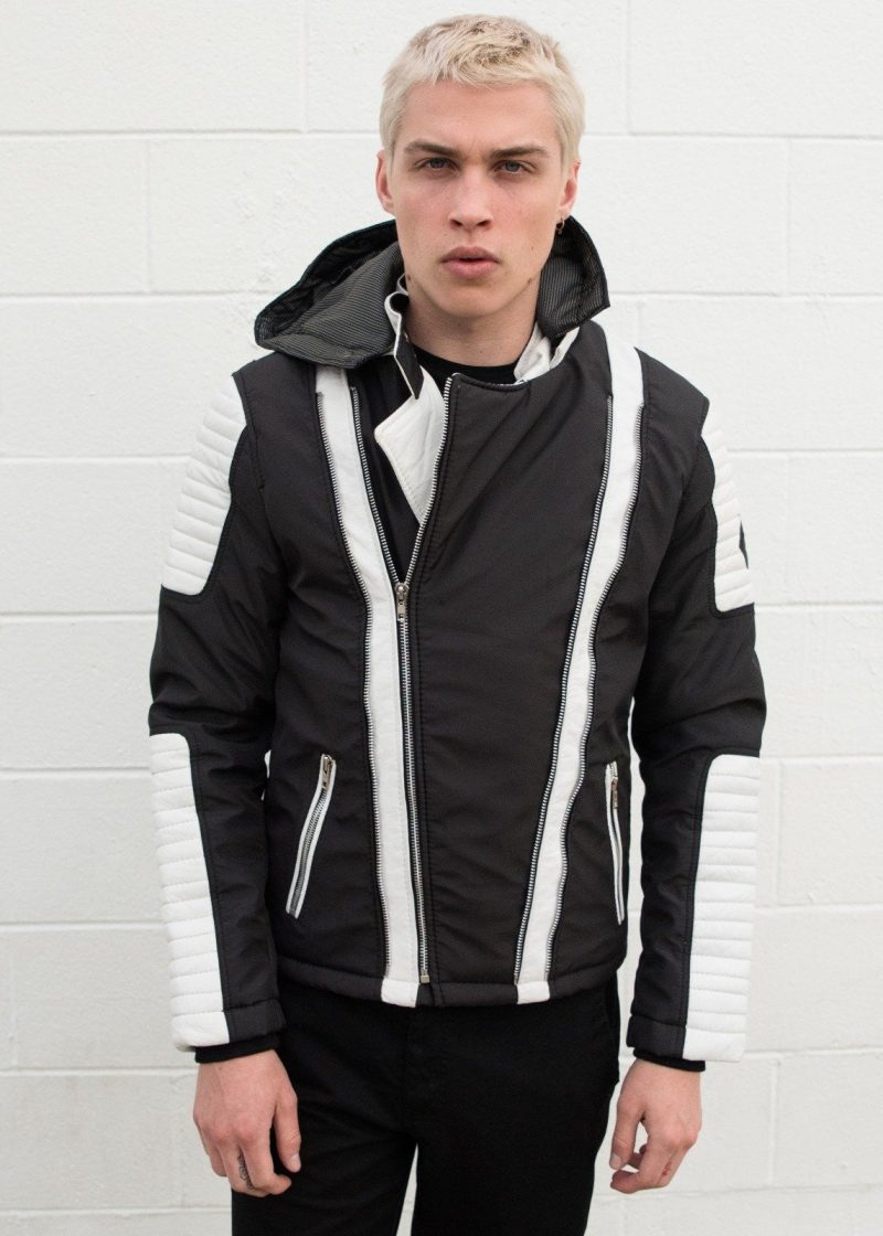 Mens Ninja Quilted Biker Leather Jacket Black White Contrast