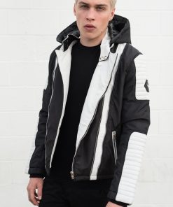 Mens Ninja Quilted Biker Leather Jacket Black White