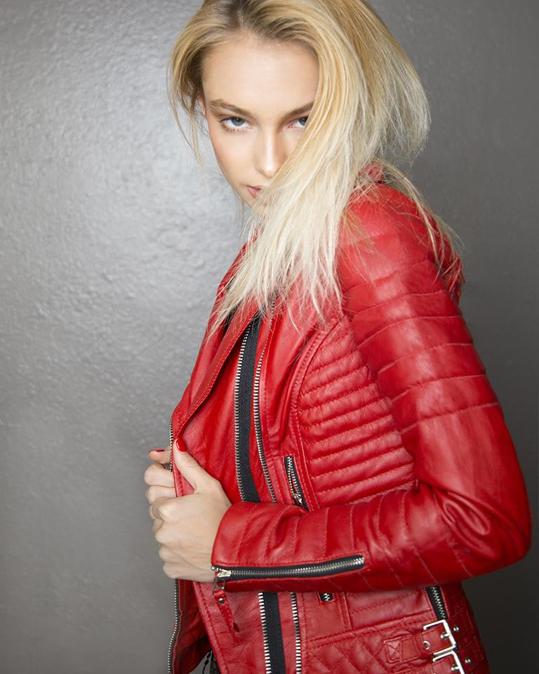 Womens Quilted Leather Motorcycle Jacket Red