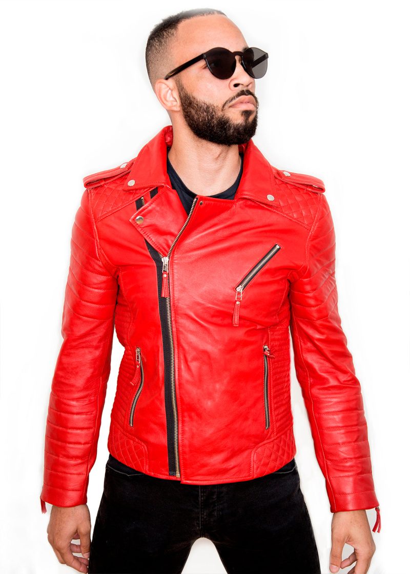 Mens Quilted Biker Leather Motorcycle Jacket Red