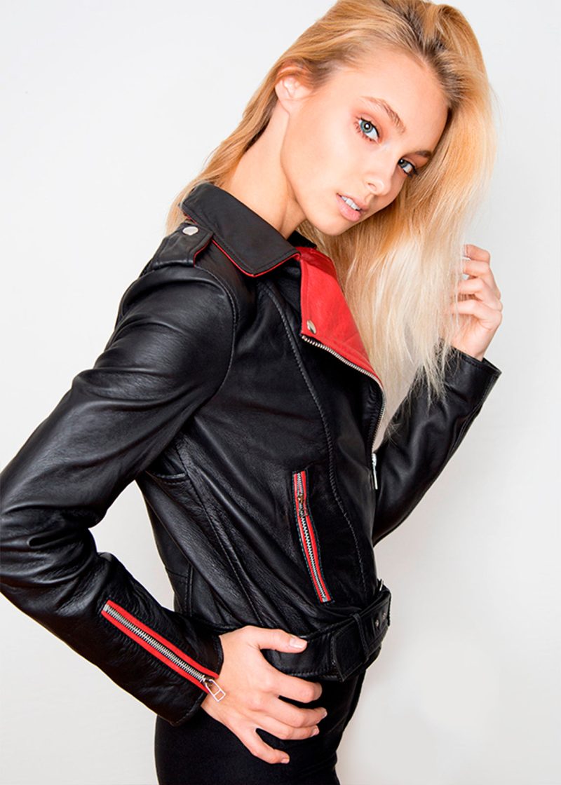 Womens Fashion Leather Jacket Black Red Contrast