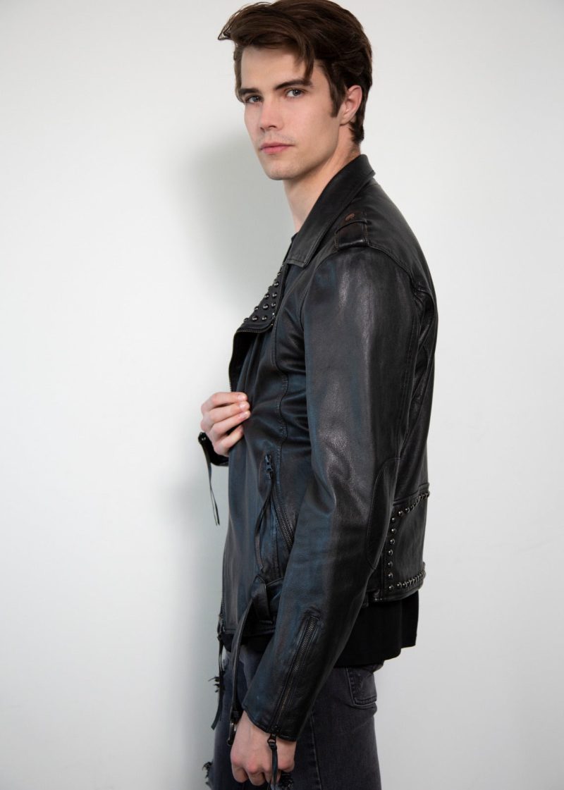 Mens Dome Studded Collar Black Motorcycle Leather Jacket