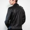 Mens Dome Studded Collar Black Motorcycle Leather Jacket
