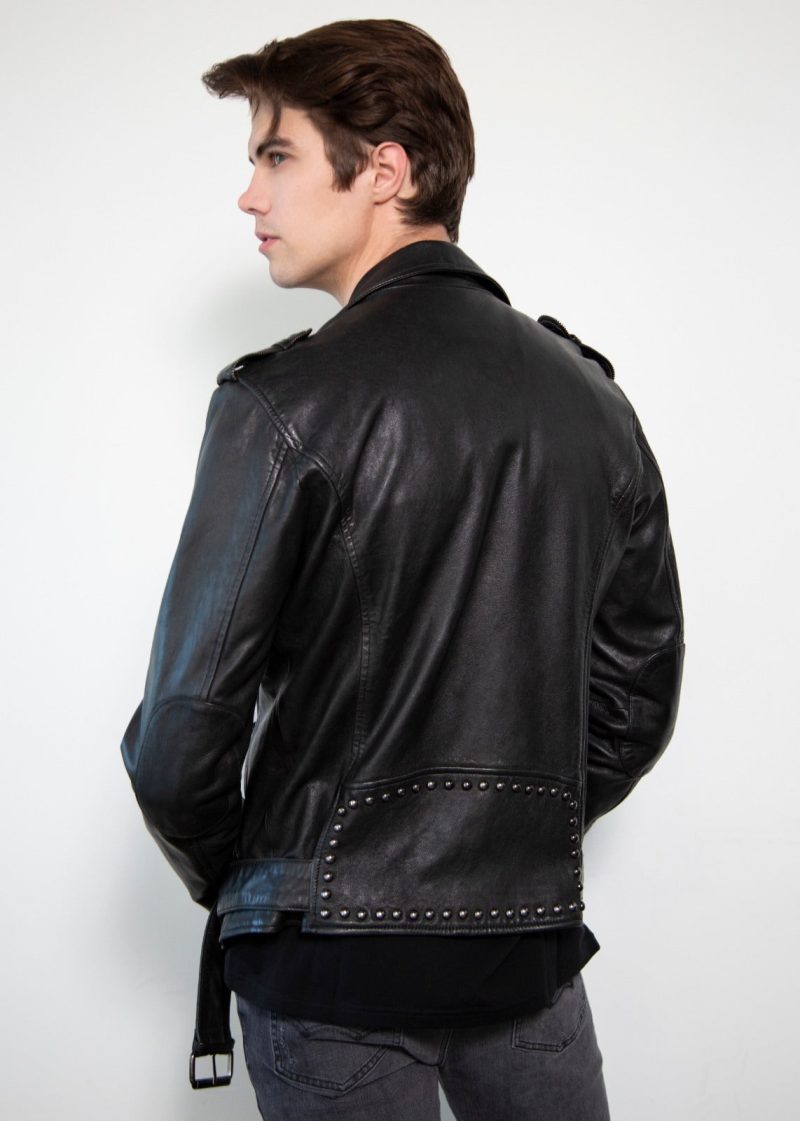 Mens Dome Studded Collar Black Motorcycle Leather Jacket