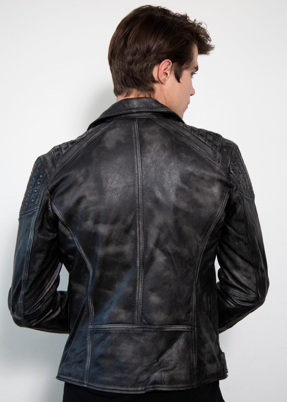 Nathan Smooth Studded Shoulders Black Moto Leather Jacket Back