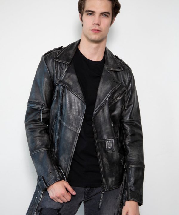Taylor Rub-off Zippered Gray Motorcycle Leather Jacket