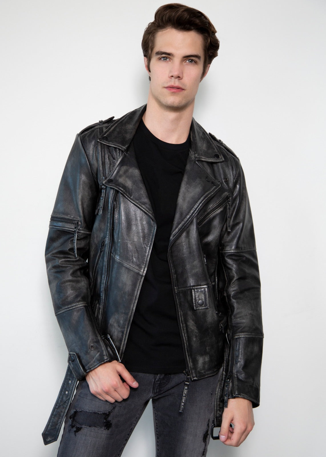 Taylor Rub-off Zippered Gray Motorcycle Leather Jacket
