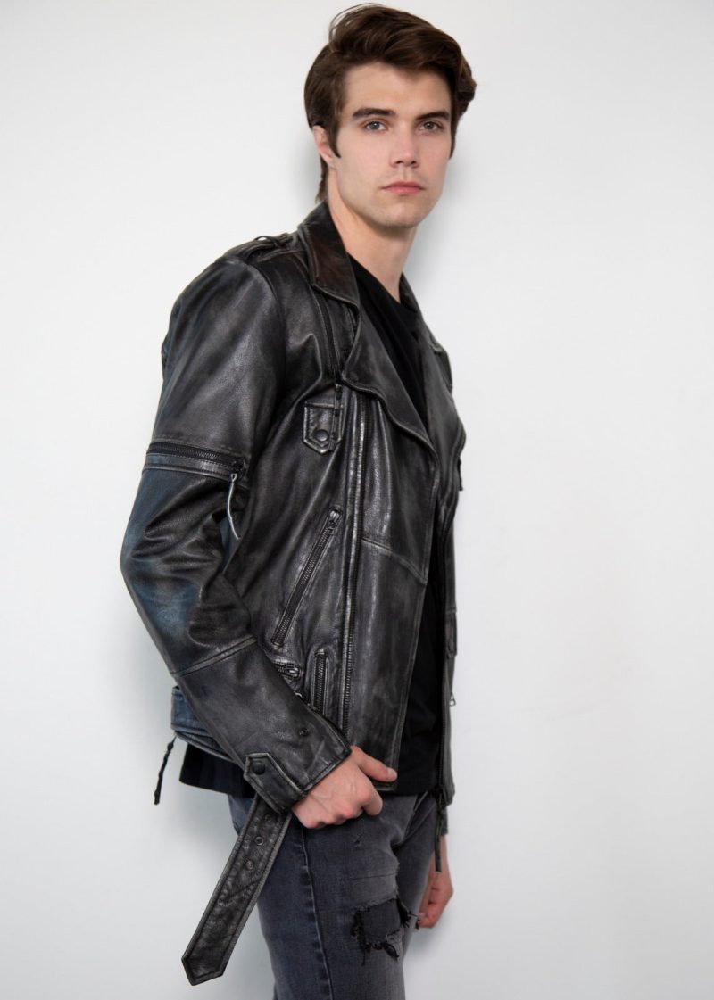 Gray Zippered Taylor Moto Leather Jacket Rub-off finish
