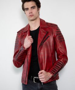 Mens Quilted Smoky Red Leather Motorcycle Jacket