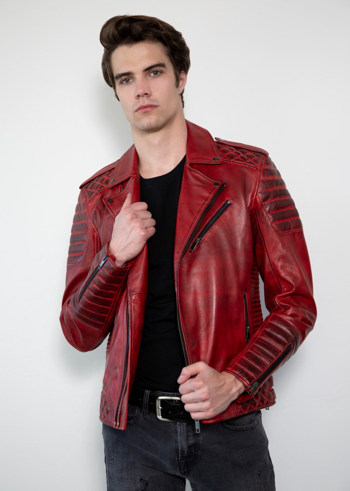 Mens Quilted Smoky Red Leather Motorcycle Jacket