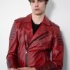 Quilted Red Moto Leather Jacket Smoky Finish