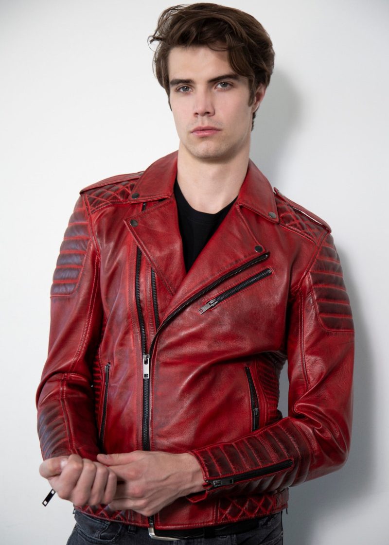 Quilted Red Moto Leather Jacket Smoky Finish