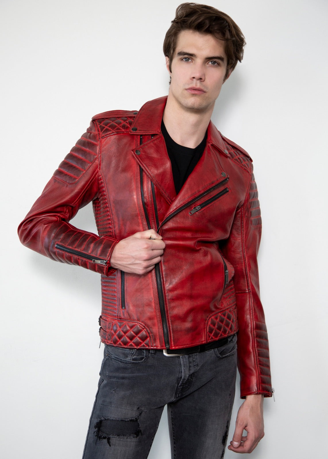 Mens Quilted Red Moto Leather Jacket