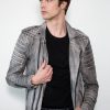 Mens Fall Charcoal Gray Black Quilted Leather Motorcycle Jacket