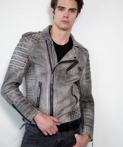 Gray Black quilted Moto Leather Jacket Charcoal Finish