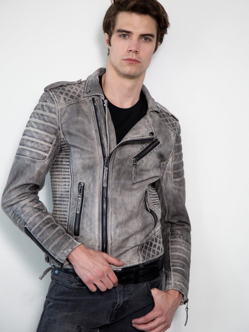 Gray Black quilted Moto Leather Jacket Charcoal Finish