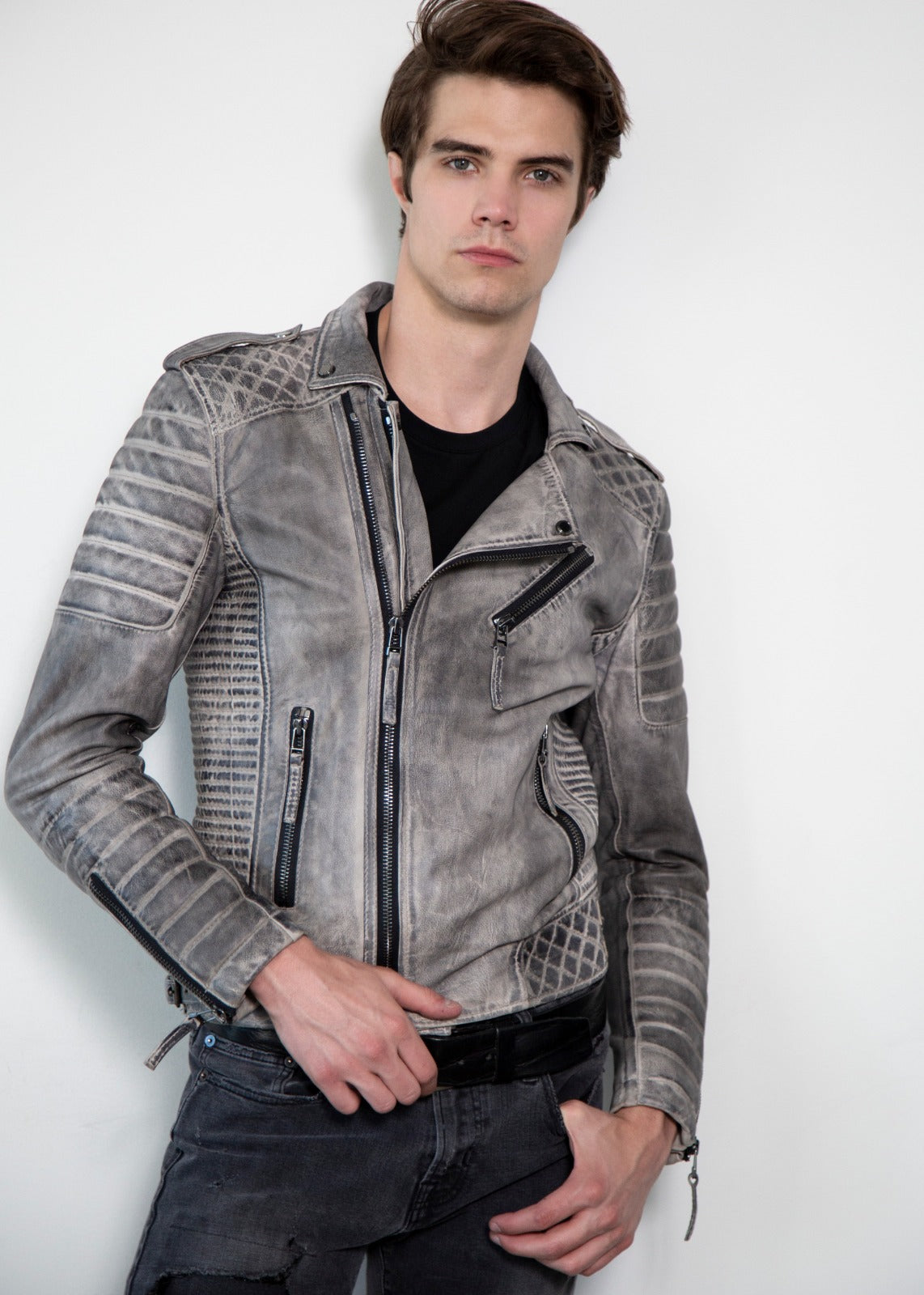 Gray Black quilted Moto Leather Jacket Charcoal Finish
