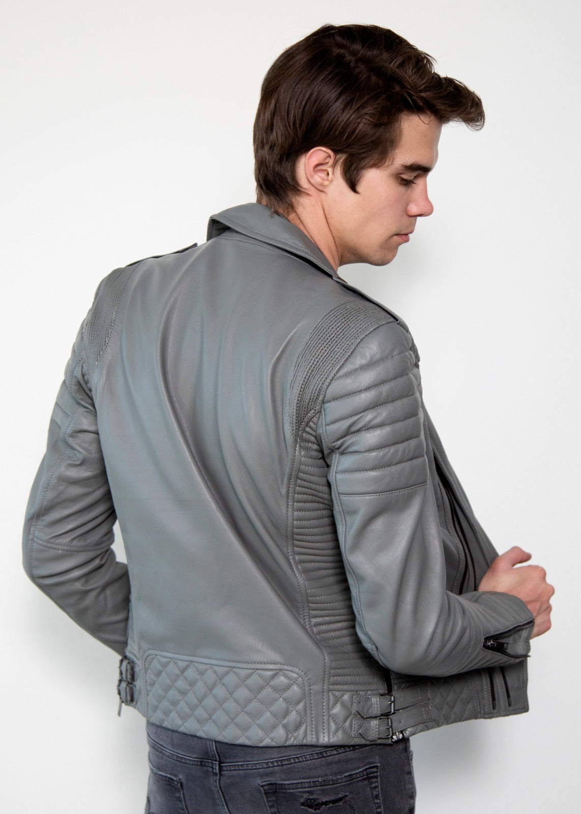 Mens Quilted Gray Smooth Leather Jacket