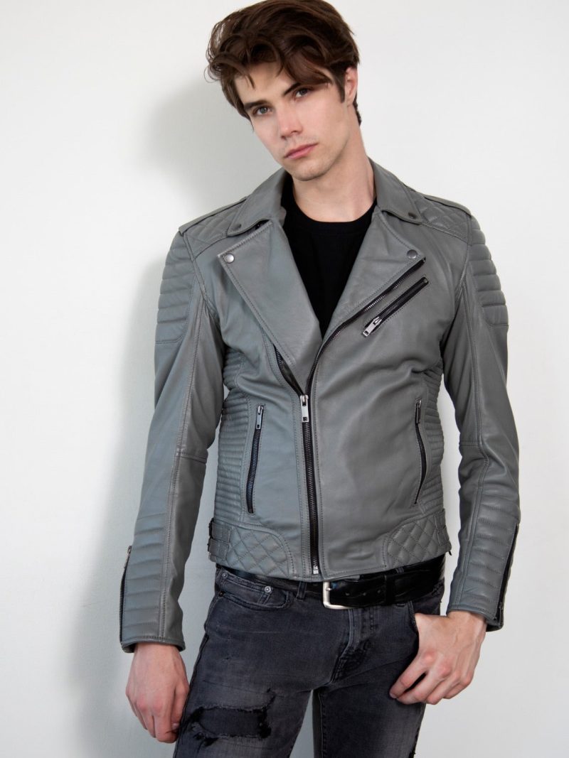 Mens Smooth Gray Quilted Leather Motorcycle Jacket