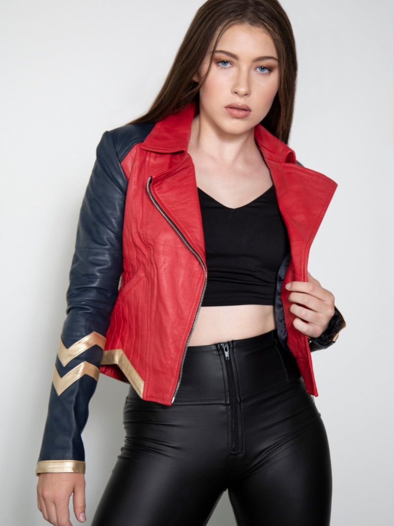 Womens Amazonian Warrior Princess Red Gold Leather Jacket