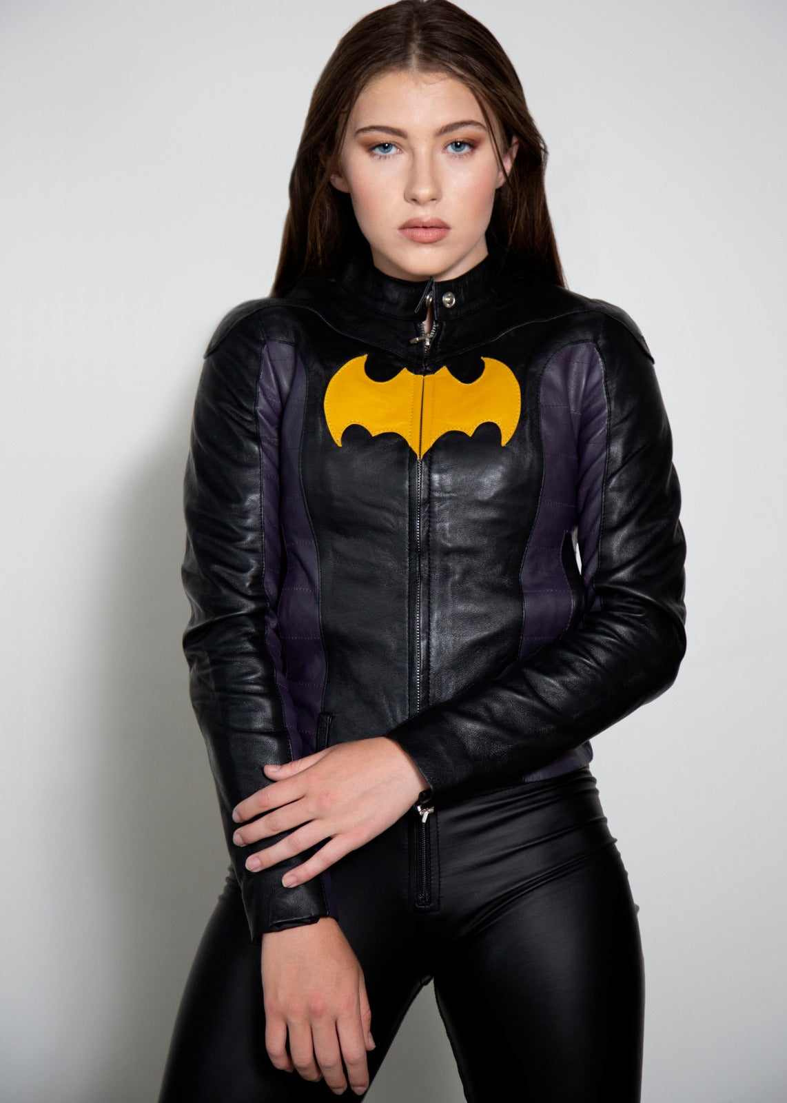 Womens Barbara Batman Black Yellow Bat Leather Jacket