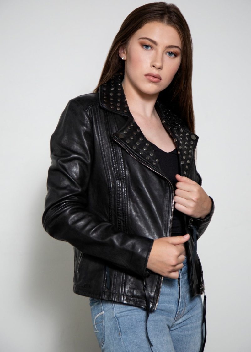Womens Studded Black Fashion Organic Leather Jacket