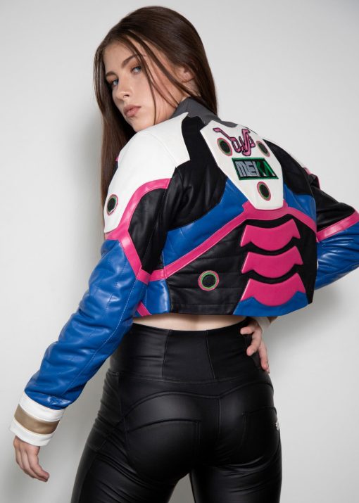 DVA Meka Crop Top Blue Pink Leather Jacket