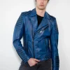 Mens Quilted Charcoal Blue Motorcycle Leather Jacket