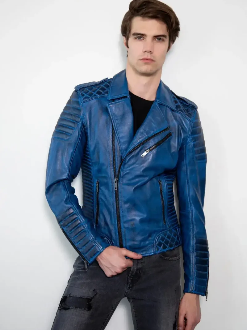 Mens Quilted Charcoal Blue Motorcycle Leather Jacket