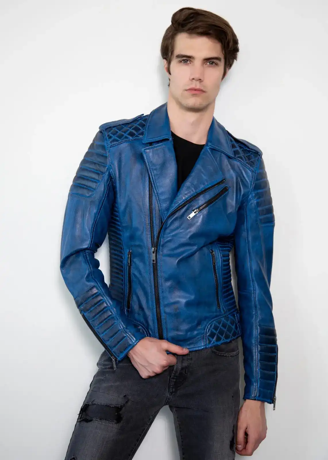 Mens Quilted Charcoal Blue Motorcycle Leather Jacket
