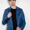 Blue Quilted Moto Leather Jacket