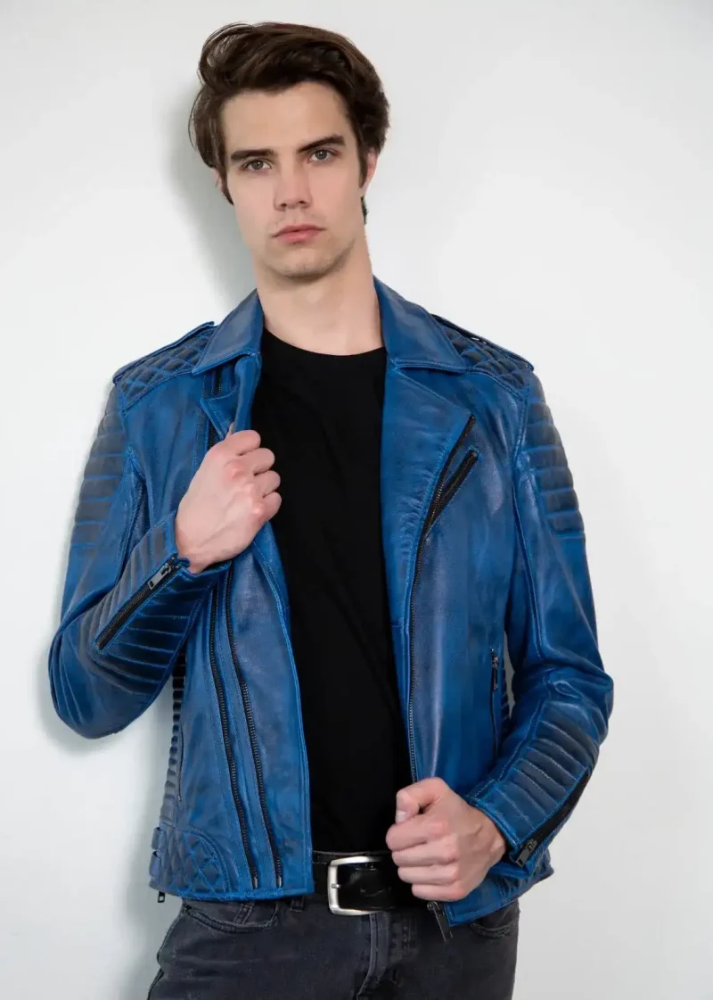 Blue Quilted Moto Leather Jacket