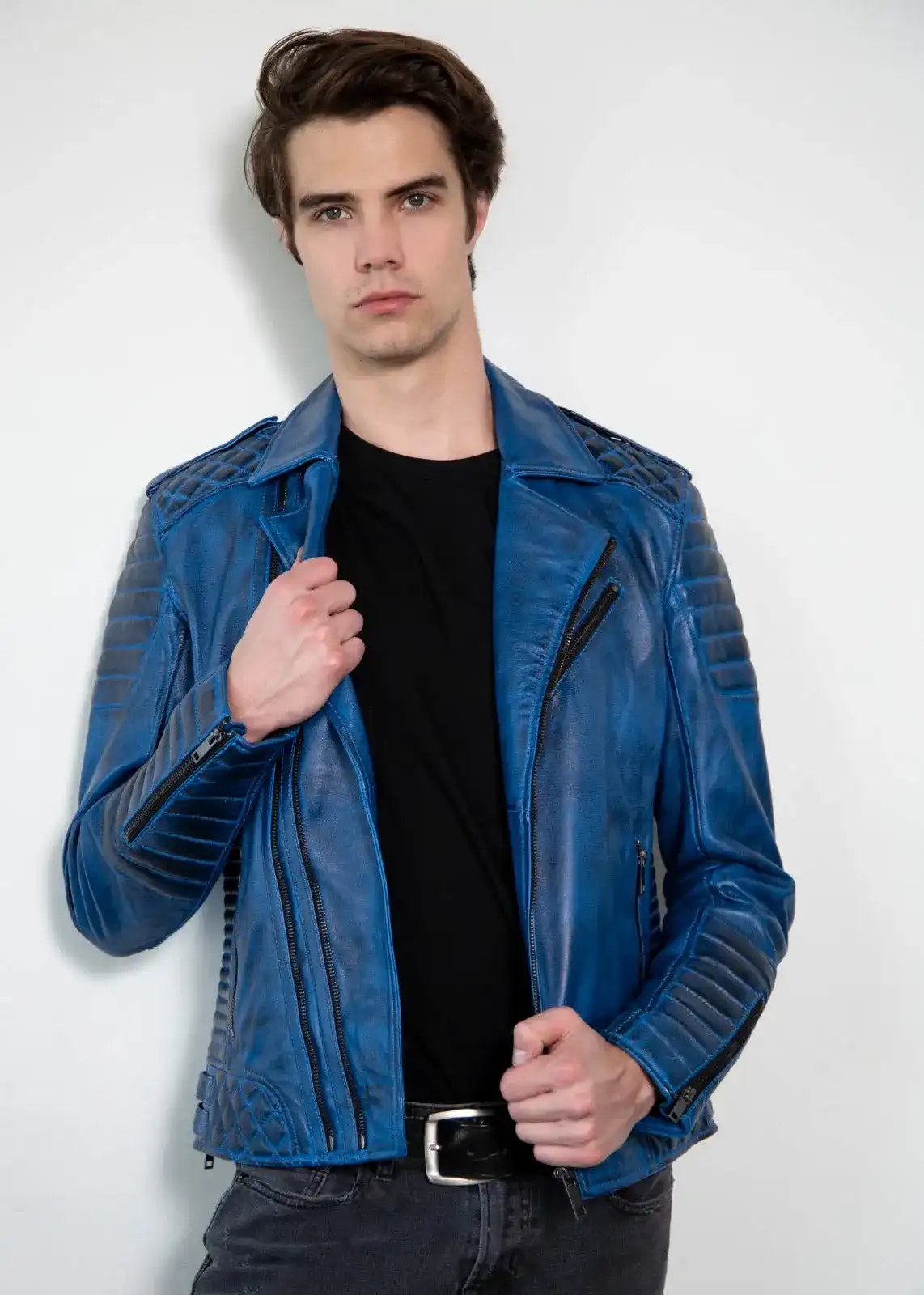 Blue Quilted Moto Leather Jacket
